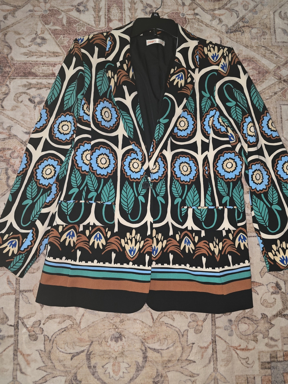 Printed Floral Blazer in Black, Teal & Brown